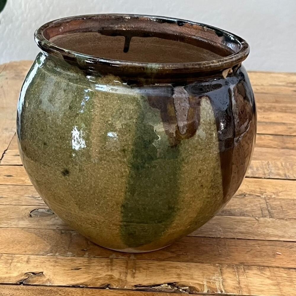 Hand-thrown Studio Art Pottery Stoneware Pot 8" Brown Lava Drip Textured Glaze
